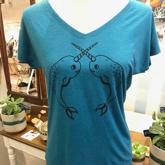 Revival Ink Tops - Narwhal Teal V Neck Tee Shirt | Locally Made In Seattle | New